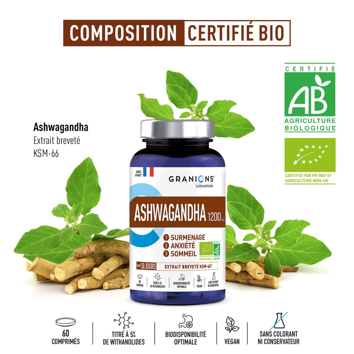 Ashwagandha 1200mg - Composition certifié BIO