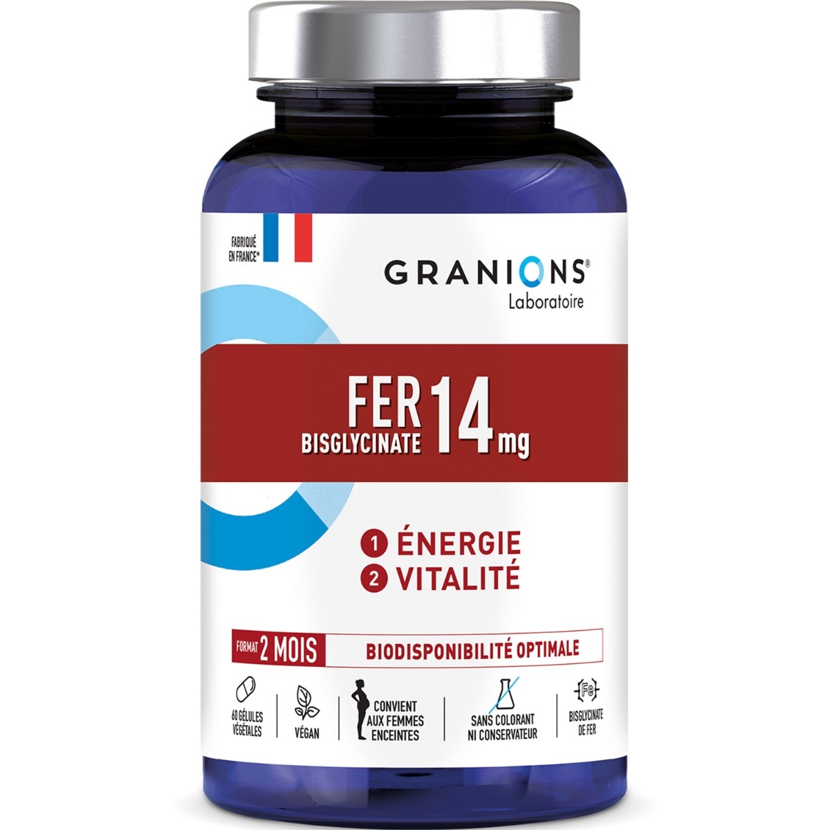 Granions de Fer - 60 gélules - Haute biodisponible (Bisglycinate de fer) - Convient aux femmes enceintes- Energie et vitalite