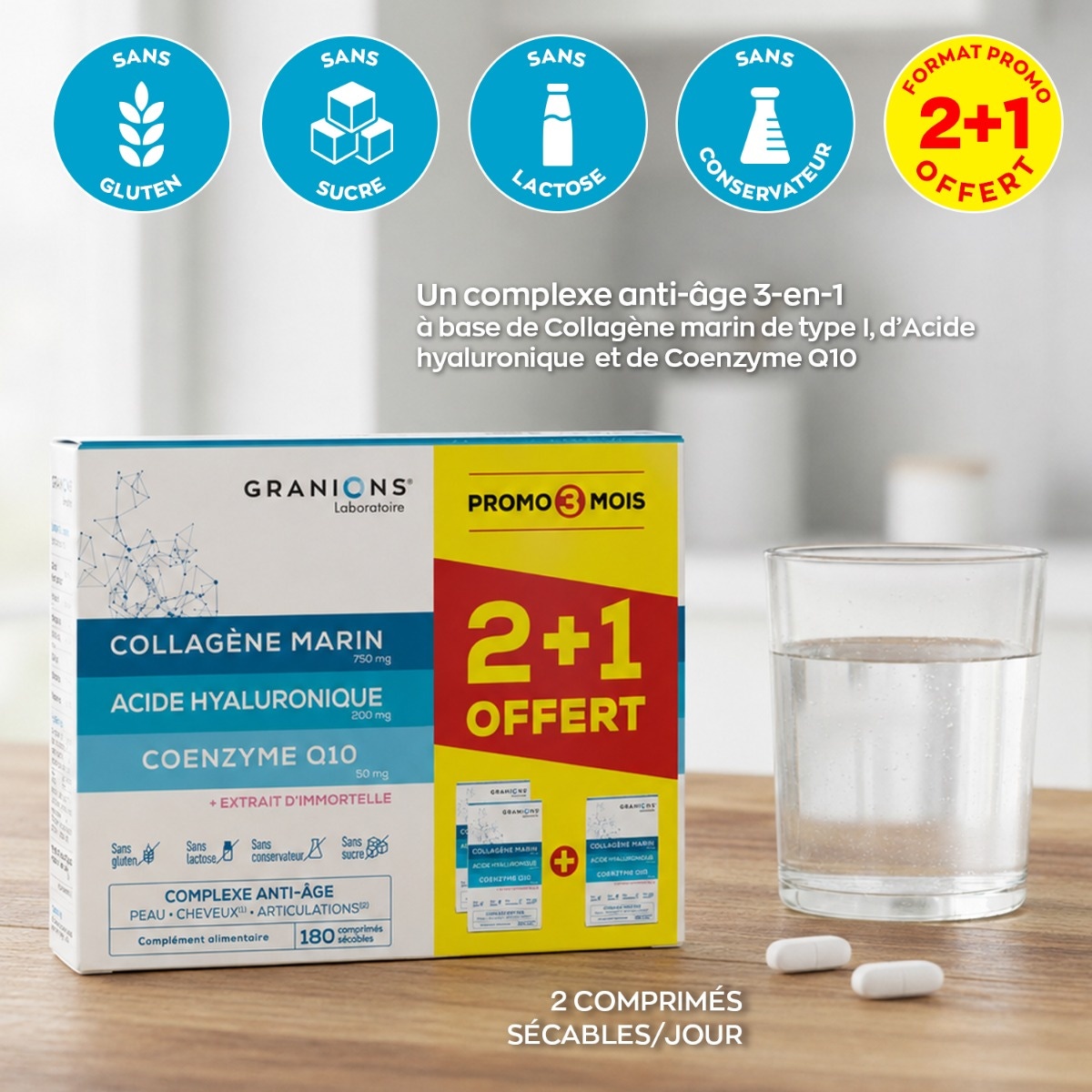 Complexe anti-âge Collagène, Acide Hyaluronique & Coenzyme Q10 - Format 3 mois