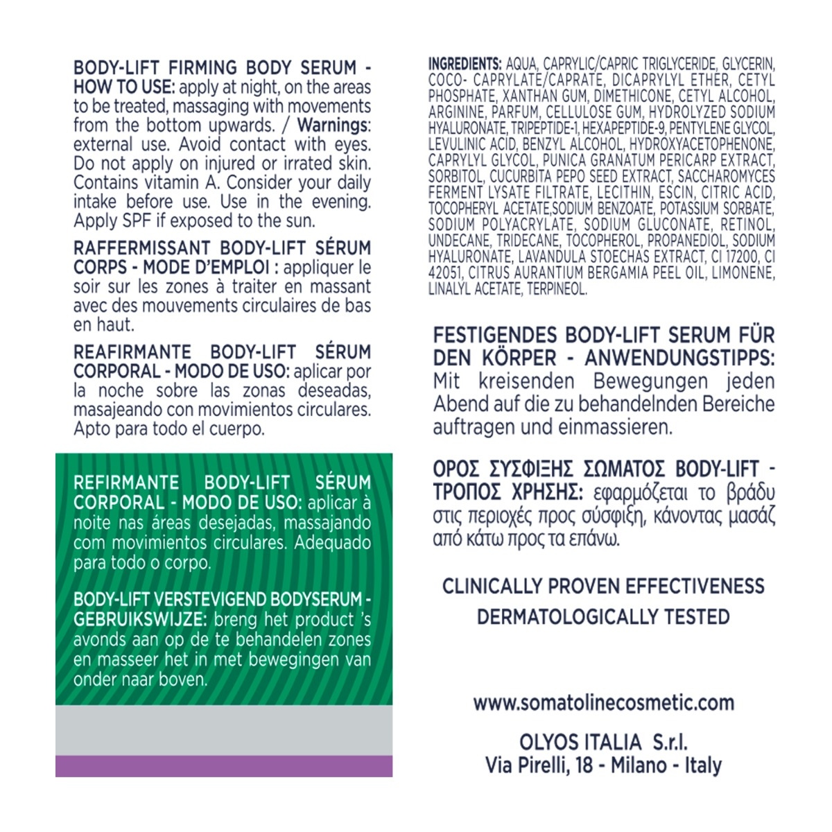 Actifs du Sérum Body-Lift : peptides, acide hyaluronique pro-collagène et rétinol