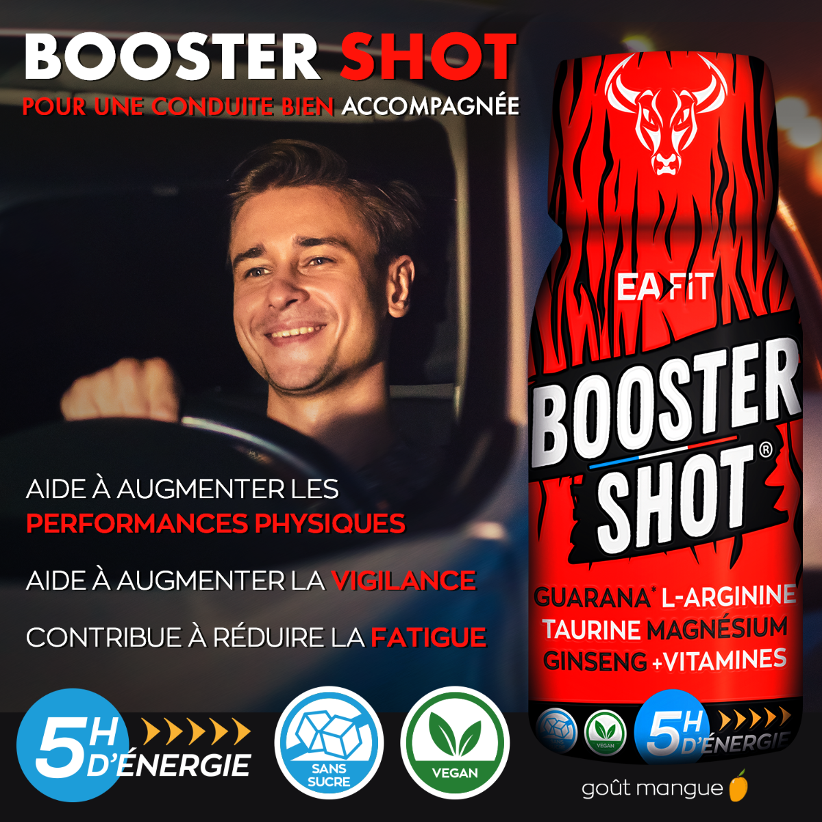 EAFIT Booster Shot - 5h d'énergie naturelle - Guarana - L-Arginine - Taurine - Magnésium - Ginseng - Vitamines - Shot unitaire - Pour conduire de nuit